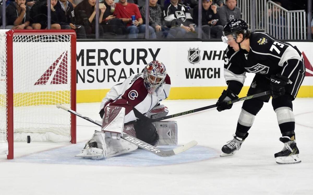 Los Angeles’ Tyler Toffoli (73) takes a shot on Colorado goaltender Semyon Varlamov during a preseason game Saturday.