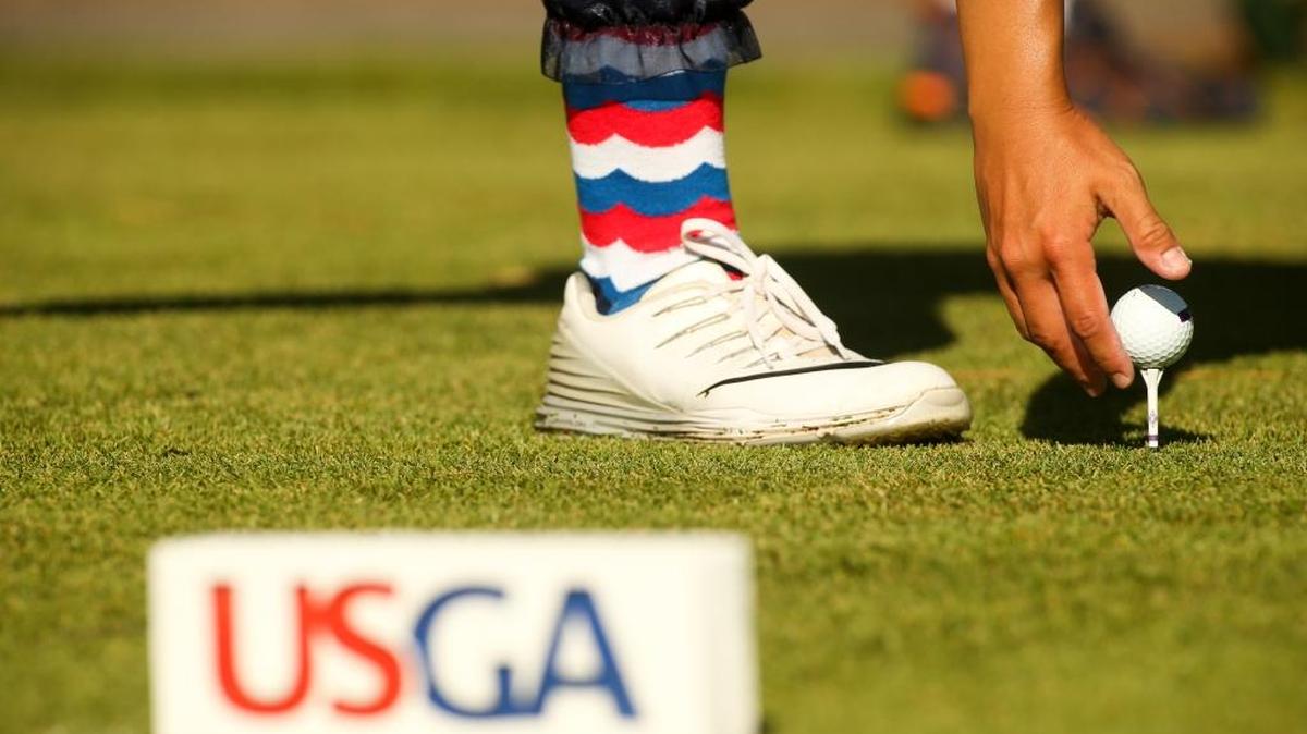 The socks of Alice Chen as she teed up her ball on the second hole during the 2017 U.S. Women’s Amateur Four-Ball at The Dunes Golf & Beach Club on Monday.