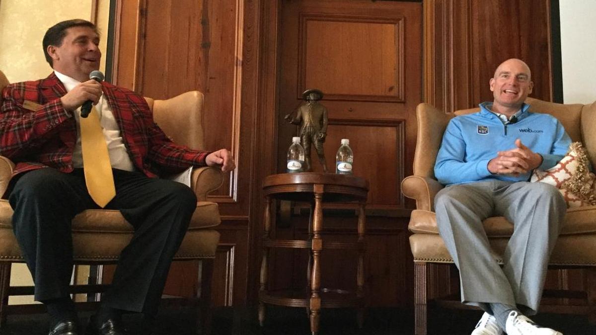 Jim Furyk, the RBC Heritage defending champion, answers a question during a Q&A session during the tournament’s annual media day on Monday.