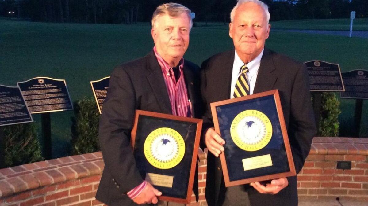 
George Hilliard (left) poses with Critt Gore after being inducted into the Myrtle Beach Golf Hall of Fame last year.

