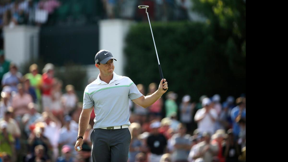 
Rory McIlroy reacts after making par on the 18th hole during the third round of the Wells Fargo Championship.

