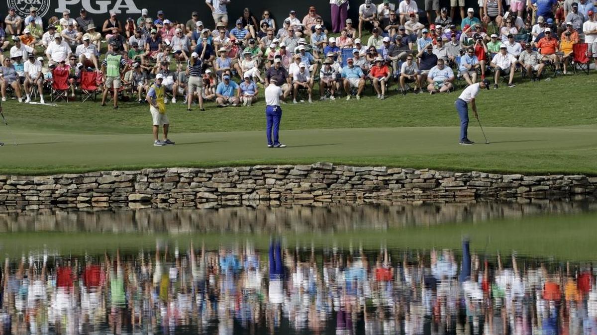 Quail Hollow Club’s par-3 17th hole, which will play 221 yards Sunday and features a peninsula green, will test players Sunday in the final round of PGA Championship.