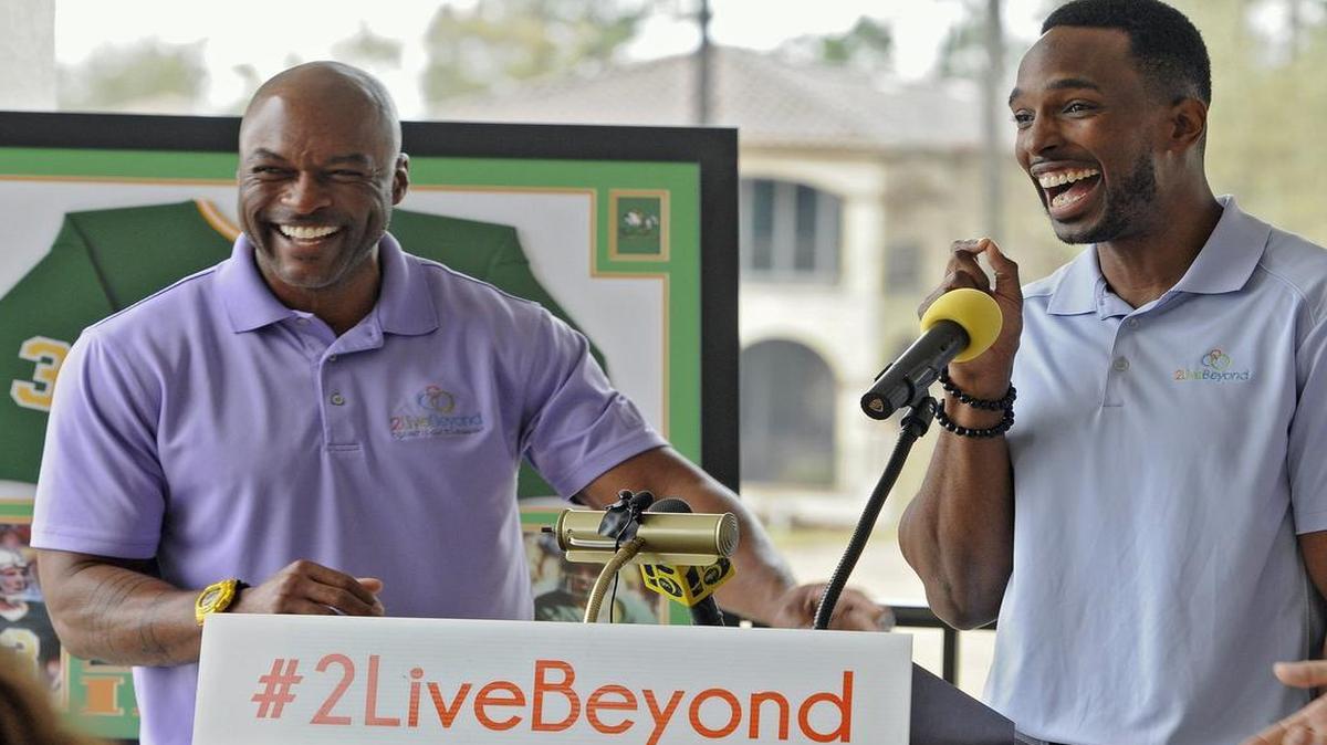 
2LiveBeyond Celebrity Golf Tournament founders Andre Davis (right), a former NFL player, and former Major League Baseball player Reggie Sanders joke as they talk in March about the second tournament to be held May 30 at the Members Club at Grande Dunes.
