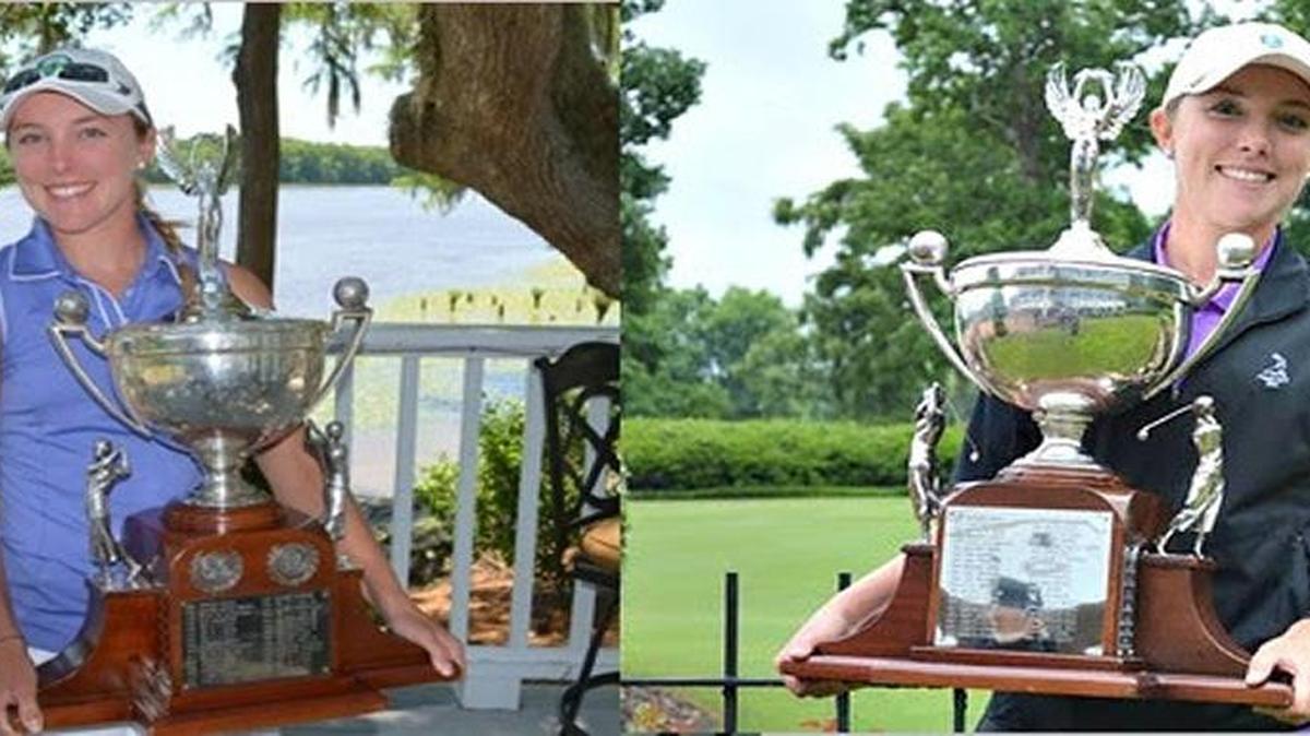 Katie Kirk of Greenville, N.C., holds the trophies from the past two Carolinas Women’s Amateur Championships.