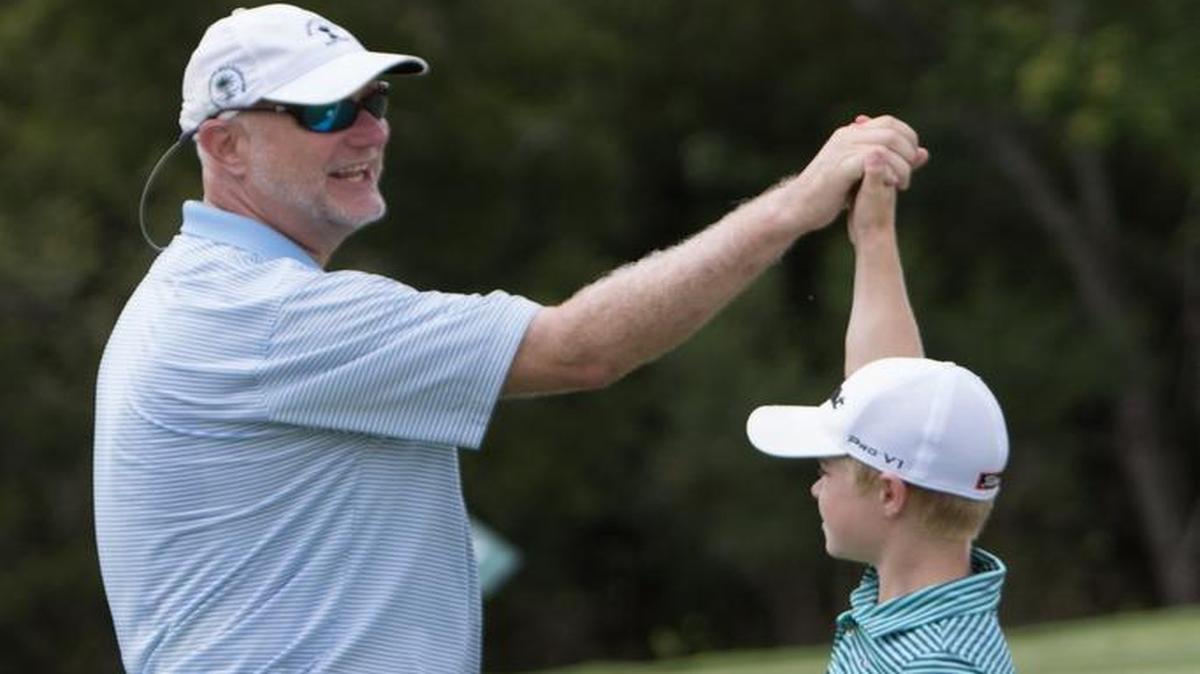 Camden Brown, 12, of Conway celebrates holing a putt en route to finishing third and advancing in the boys age 12-13 division. Juniors from around the area competed in a Drive, Chip & Putt Championship local qualifier at Legends Resort on Tuesday. The top three contestants from each age group advanced toward the finals in Augusta on April 1, 2018.