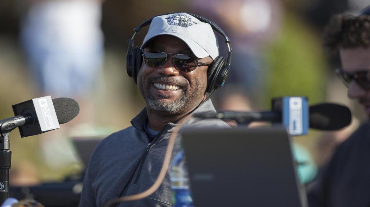 Darius Rucker of Hootie and the Blowfish talks during a live broadcast for CBS Radio at the Barefoot Resort Dye Club before the start of the 2016 Monday After the Masters Celebrity Pro-Am. The 2017 tournament on April 10 at the Dye Club is sold out.