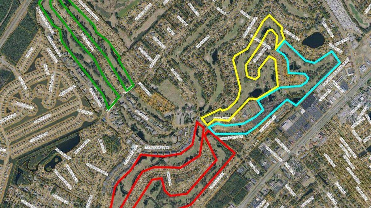 Several housing developments are planned for the former North and South courses at Deer Track Golf Resort in Deerfield Plantation. The courses have been closed since 2006. On the former South Course, the planned Beach Village is in green and Ocean Palms by Beverly Homes is in red. On the former North Course, Montage at Ocean Commons is in yellow and the Retreat at Ocean Commons by D.R. Horton is in aqua.