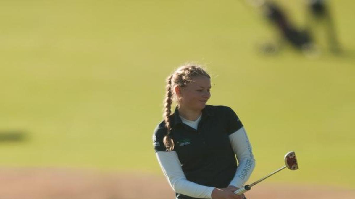 Sophia Giverny Carlsen reacts to a putt during the Greg Norman Academy Junior Invitational at Barefoot Resort’s Norman Course on Saturday.