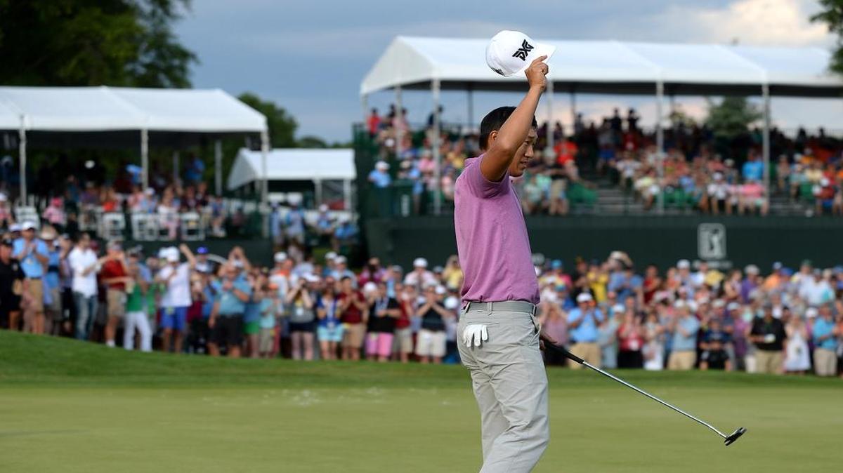 James Hahn turns to acknowledge the cheers of the gallery following his victory in the Wells Fargo Championship on Sunday at Quail Hollow.