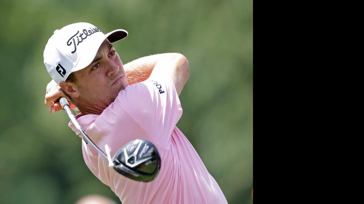 
Justin Thomas watches his tee shot on the ninth hole during the third round of the Wells Fargo Championship.
