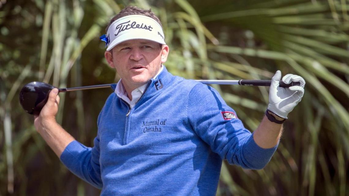 Jason Bohn waits for the fairway to clear before he tees off on the second hole during the first round of the RBC Heritage.
