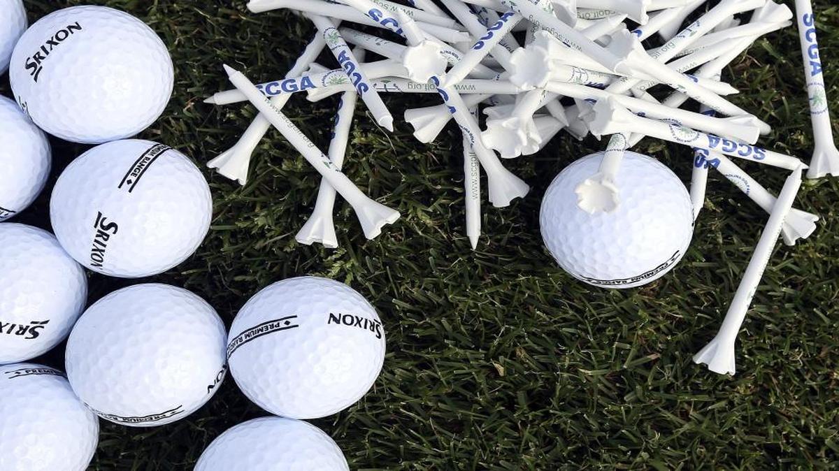The balls and tees are set up for the 2015 long drive contest during Hootie & the Blowfish Monday After the Masters Celebrity Pro-Am.