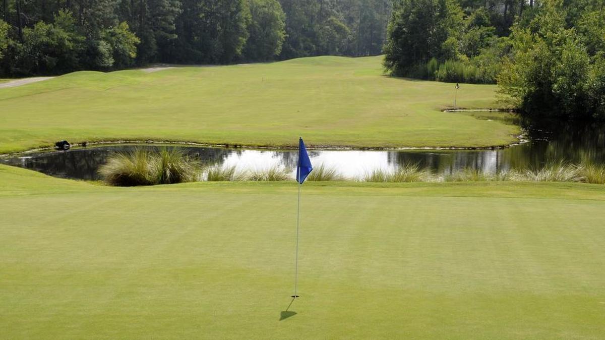 
A view from the mounds behind the green on the par-5 seventh hole at Diamond Back at Woodland Valley.
