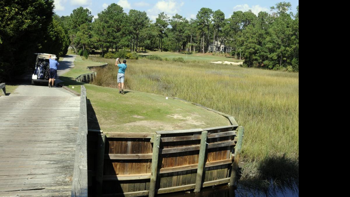 
The tee box of the 200-yard, par-3 15th hole at Rivers Edge Golf Club.
