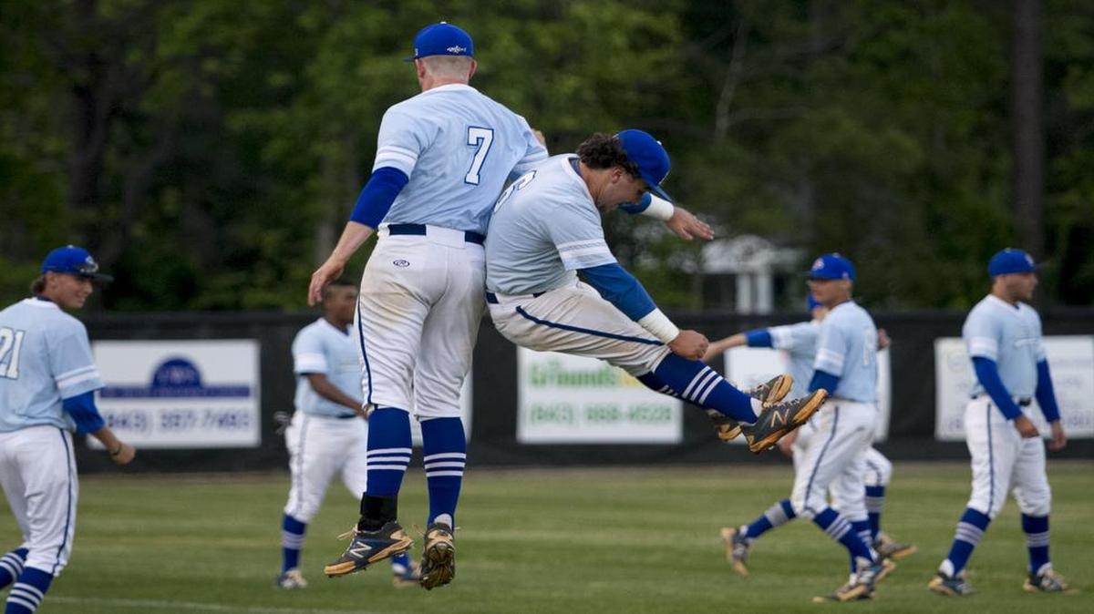
St. James players celebrate their win over Swansea in the first round of the Class AAA district playoffs Friday night.
