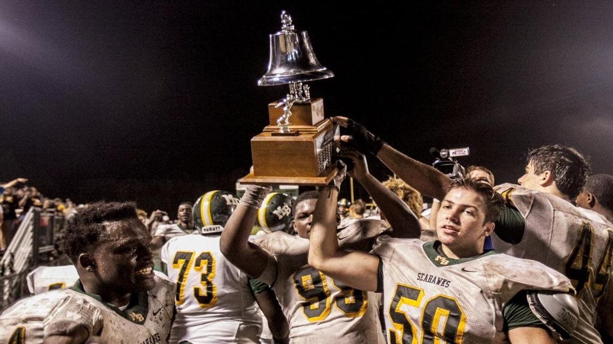 Myrtle Beach celebrates after beating Conway last season in the teams’ annual Battle for the Victory Bell. This year’s contest between the local rivals will be held on a Thursday night, oneof six games being televised by WWMB CW 21.