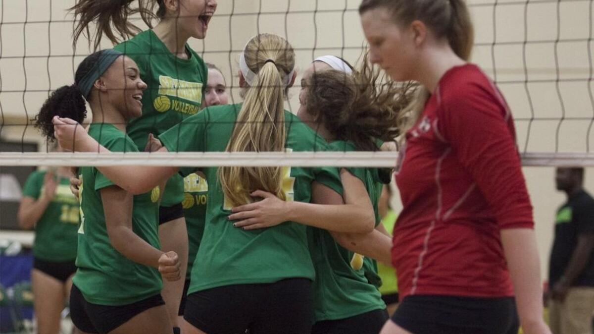 The Myrtle Beach volleyball team celebrates after its defeat of Hartsville last week. Next up for the Seahawks is a Lower State final date with Hilton Head Island on Tuesday.