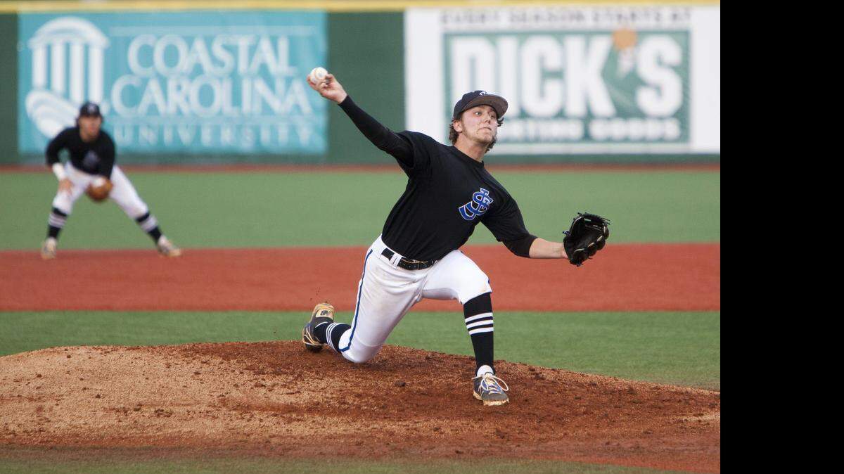
St. James’ Dillon LeDuc releases a pitch against Myrtle Beach on Friday night at The Ripkin Experience. 
