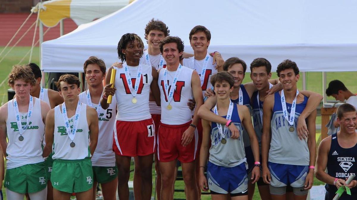 Waccamaw’s 3,200-meter relay team — from left, Tyfiq James, Bennett Stover, William Daniels and Perrin Jones — claimed gold Friday.