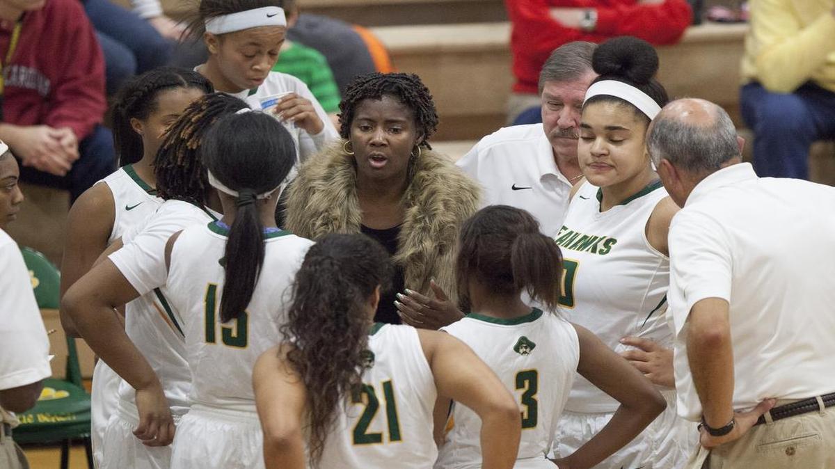 Myrtle Beach coach Jennifer Dennison talks to her players during the second half of Friday’s game against Wilson.