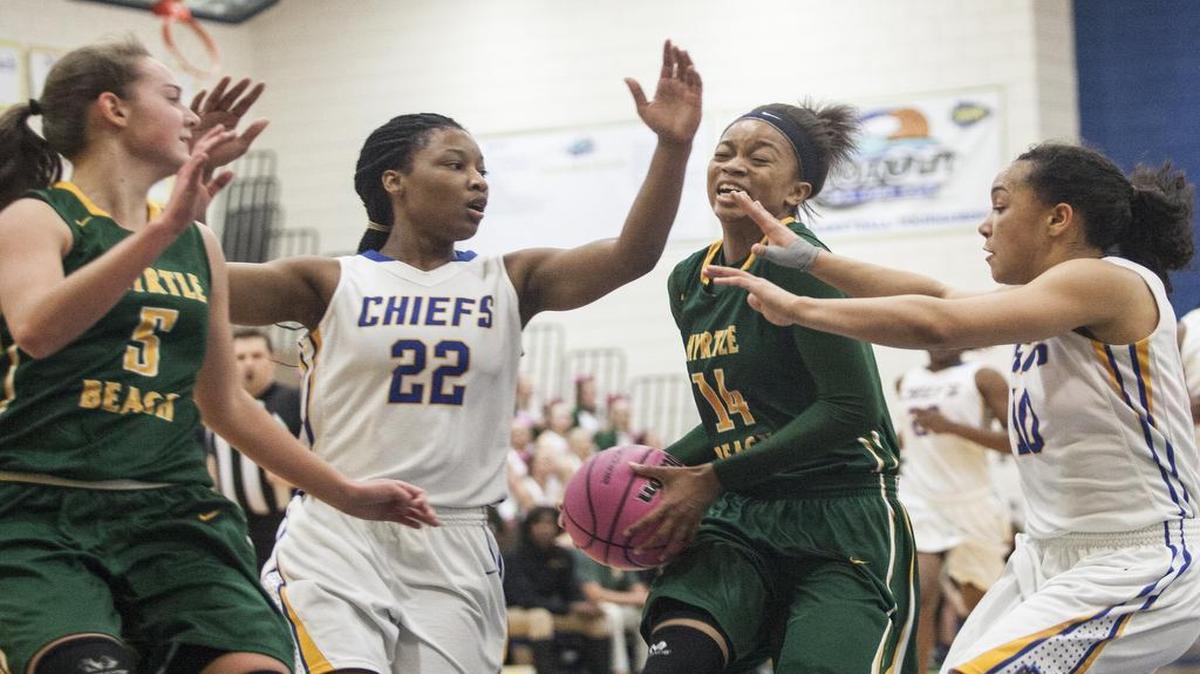 Myrtle Beach’s Nia Sumpter goes up for a shot against North Myrtle Beach.