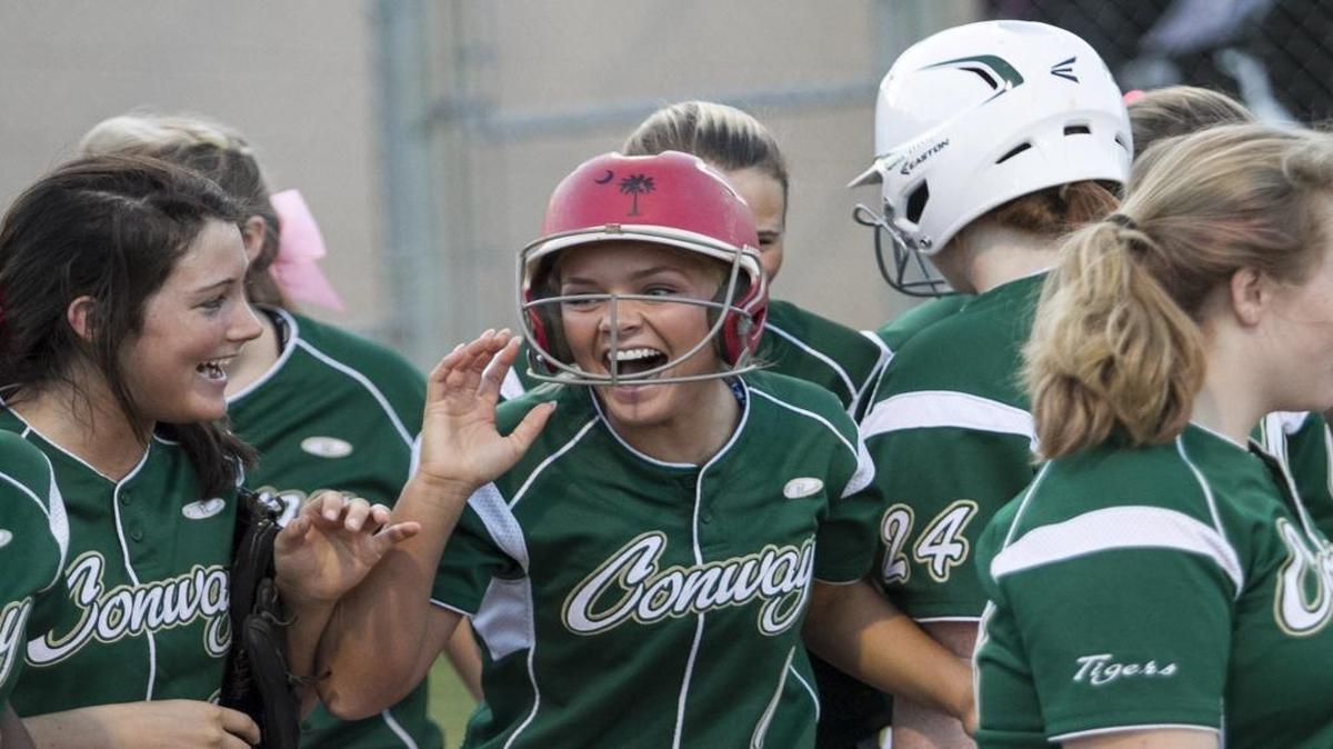 Conway’s Rebekah Parker celebrates after a hitting a home run earlier this season.