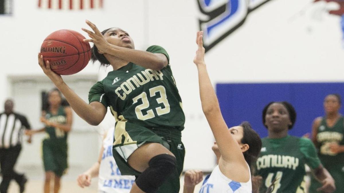 Conway’s Lanaejha Evans (left) takes the ball to the hoop against a St. James defender.