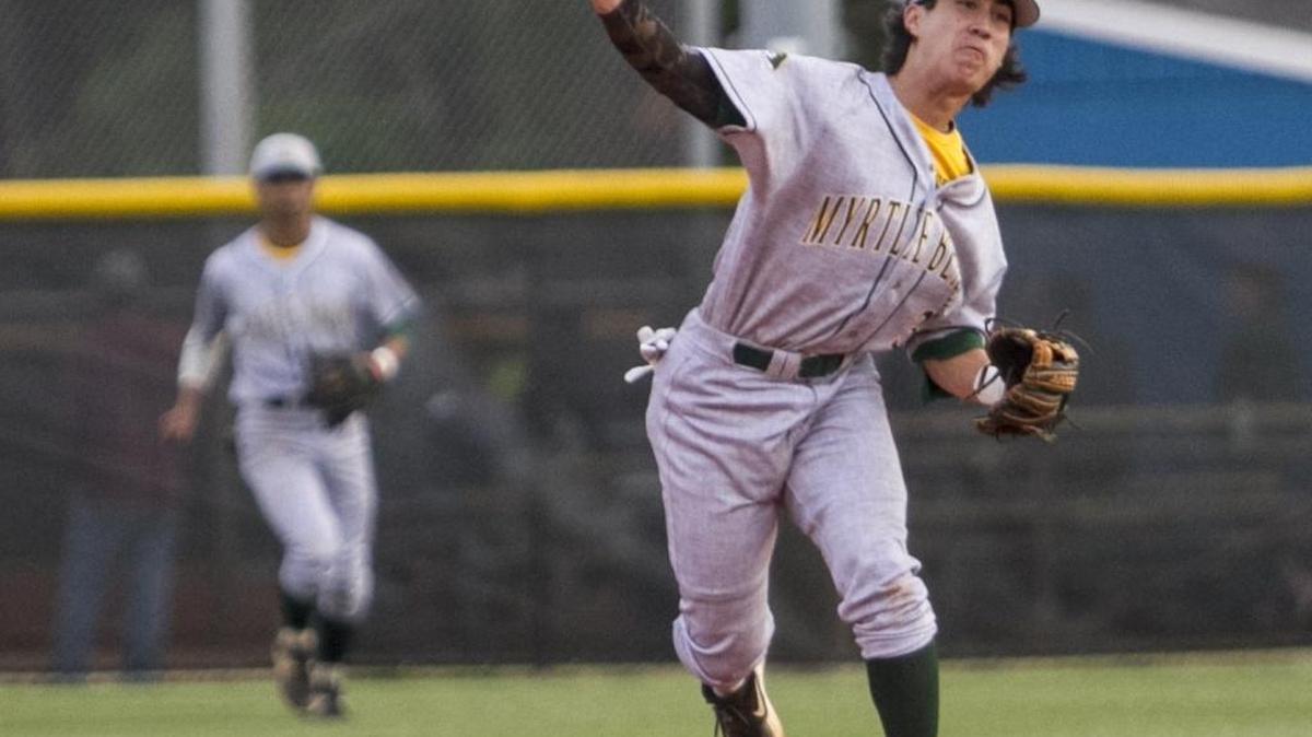 Myrtle Beach shortstop Luke Edwards makes a throw to first base during a game earlier this season.