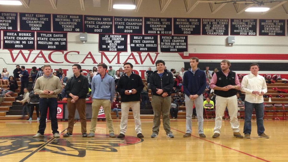 Members of the 2016 Waccamaw boys golf team were honored Friday night, the team being presented with their Class 2A state championship rings.