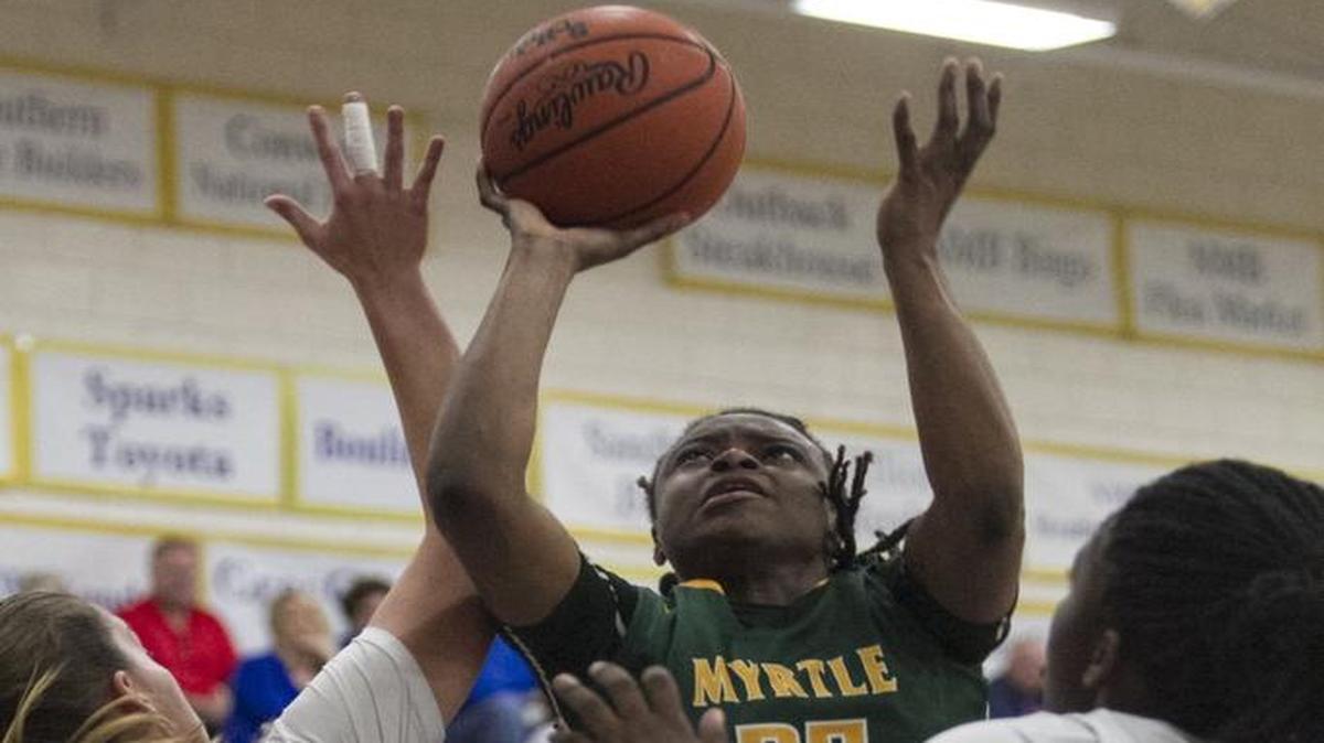 Myrtle Beach's Kira Bell shoots under the goal against North Myrtle Beach. The Myrtle Beach High School girls basketball traveled to North Myrtle Beach on Tuesday with the Myrtle Beach Seahawks topping the North Myrtle Chiefs 44-35.