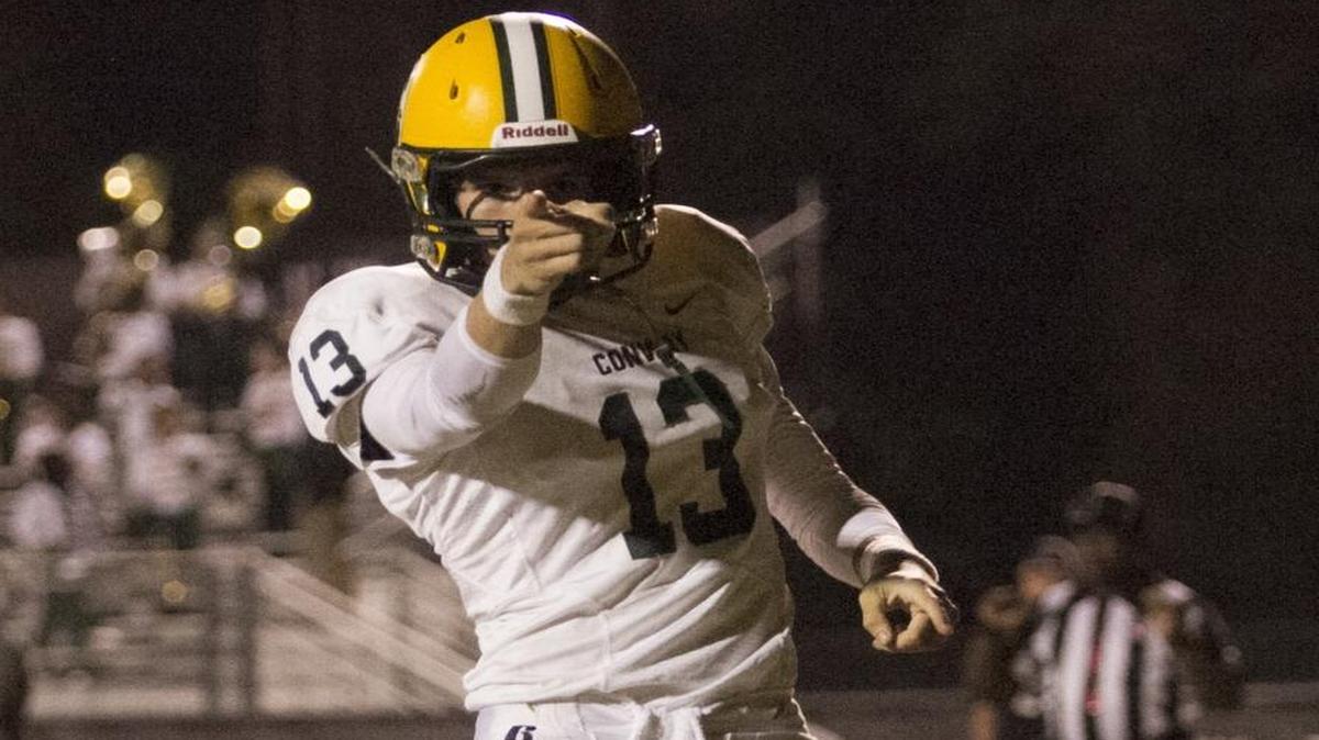 Former Conway quarterback Peyton Derrick celebrates a touchdown during a game at Carolina Forest in 2016.