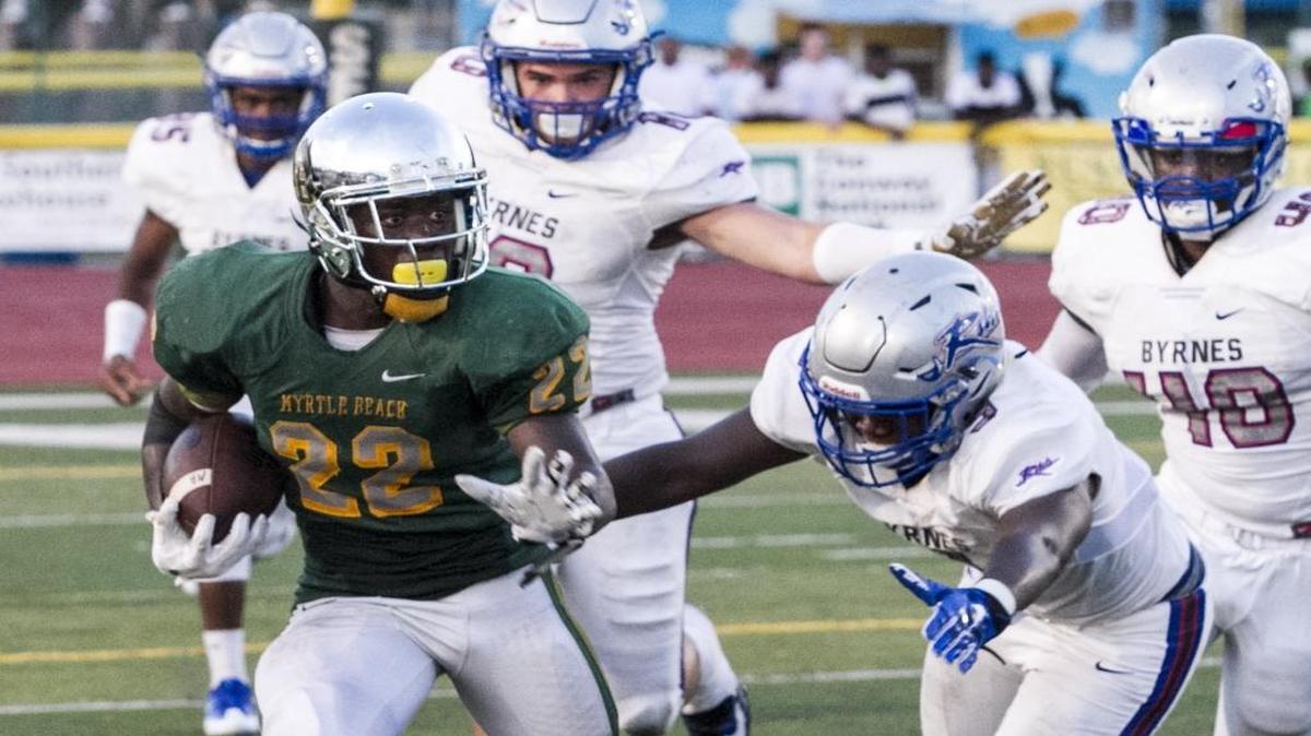 Myrtle Beach running back Jermani Green looks for room to run against Byrnes a season ago.