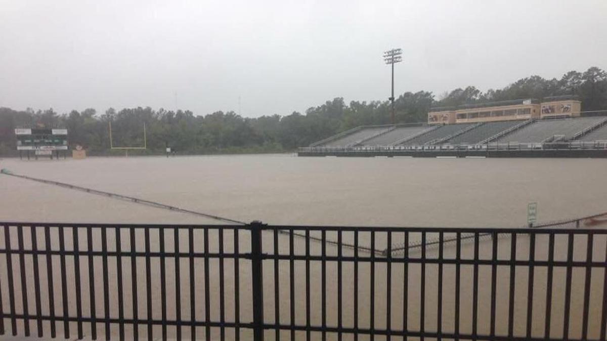 A look at The Backyard at Conway High School as flooding caused by Hurricane Matthew turns the stadium into a pond.