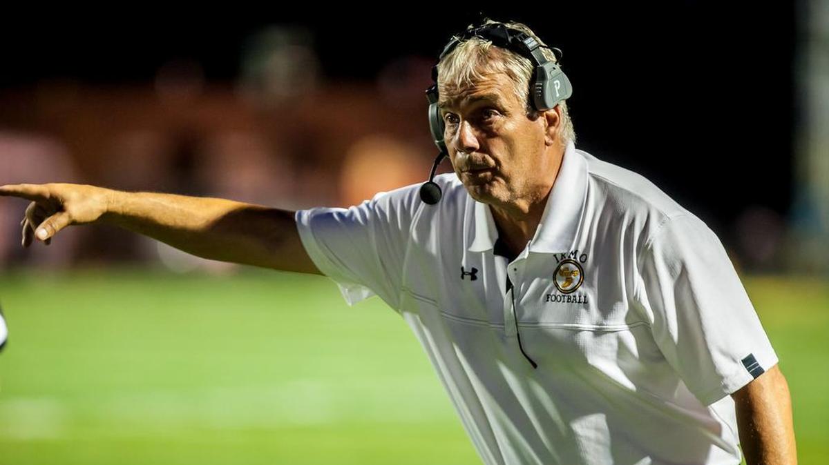 
Former Irmo head coach Bob Hanna disputes a call during the game between South Pointe High School at Irmo High School. Hanna will be inducted in the SC Football Coaches 2019 Hall of Fame Class.