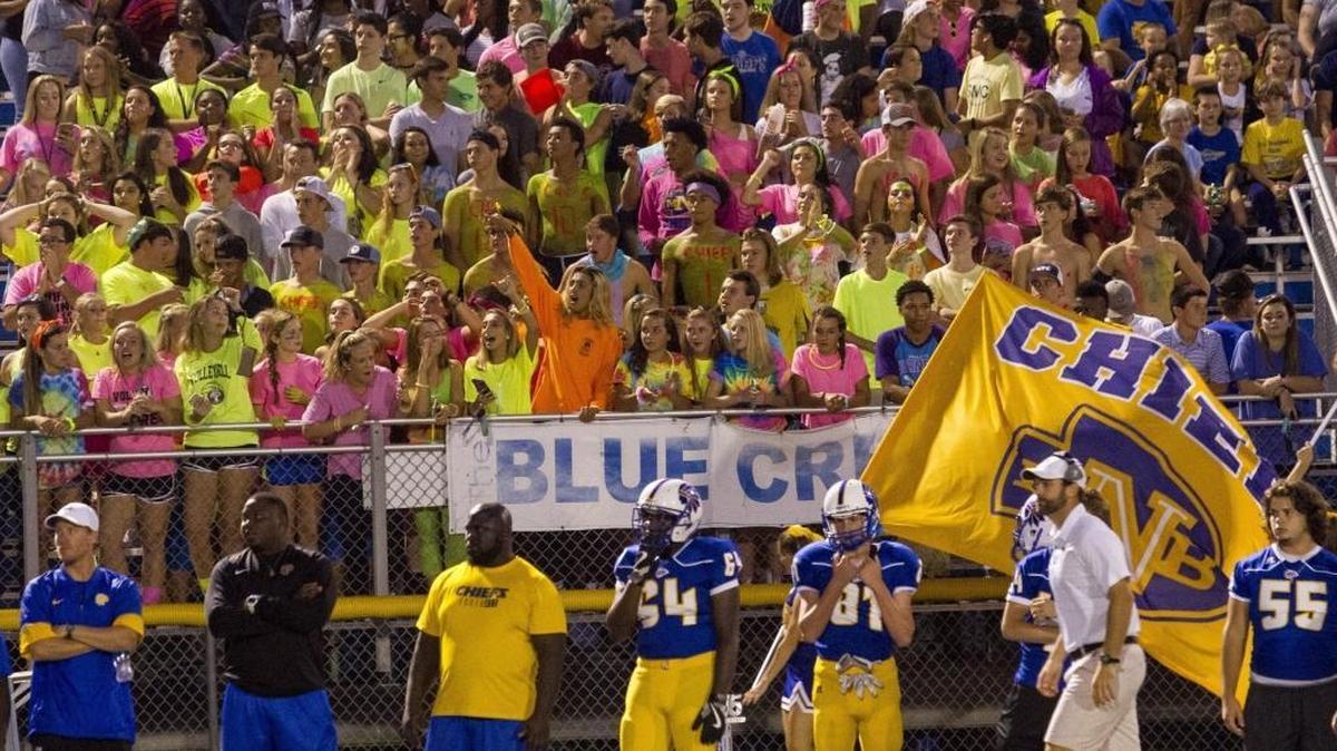 The North Myrtle Beach student section celebrates a touchdown during a game in 2017. New rules will prevent anyone from carrying backpacks, camera bags or drawstring bags into Horry County Schools’ football and basketball games.