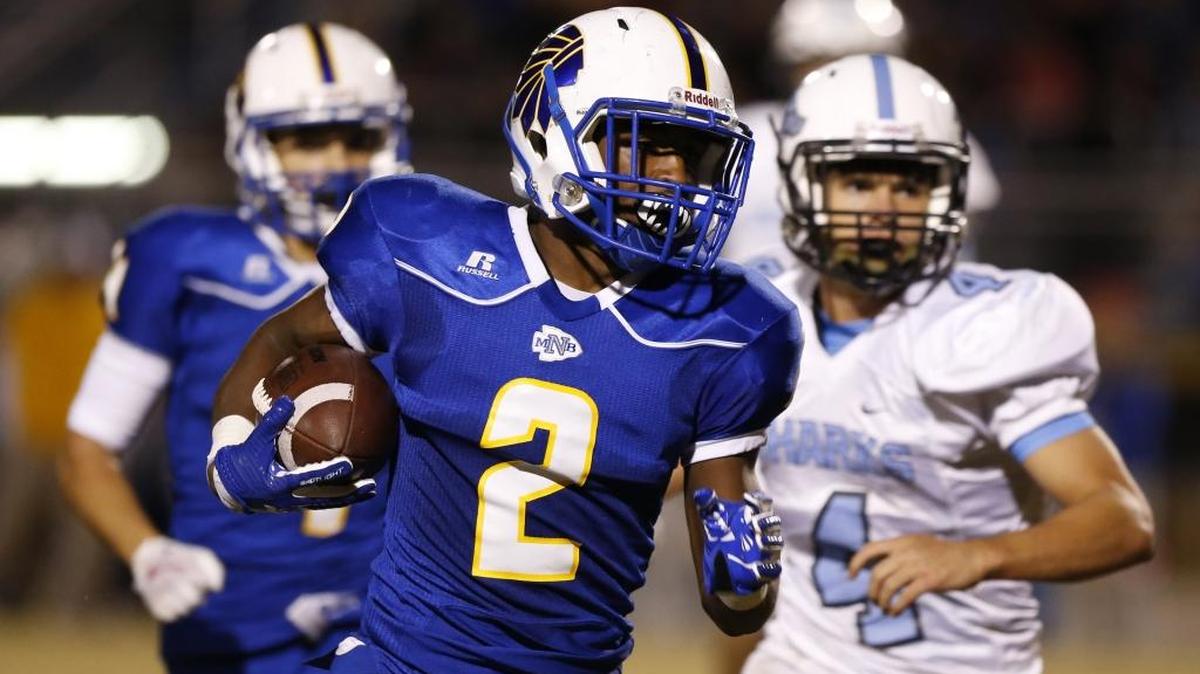 North Myrtle Beach wide receiver Tyler Gore looks for an opening in the St. James defense during action last Friday night.