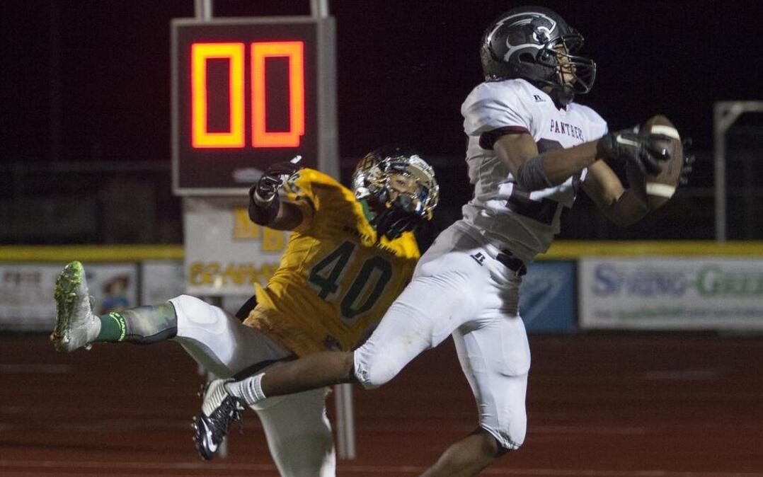 
Carolina Forest safety Richmond Collier (25) intercepts a pass in the end zone intended for Myrtle Beach's Elijah Rice to help secure a win Friday night.
