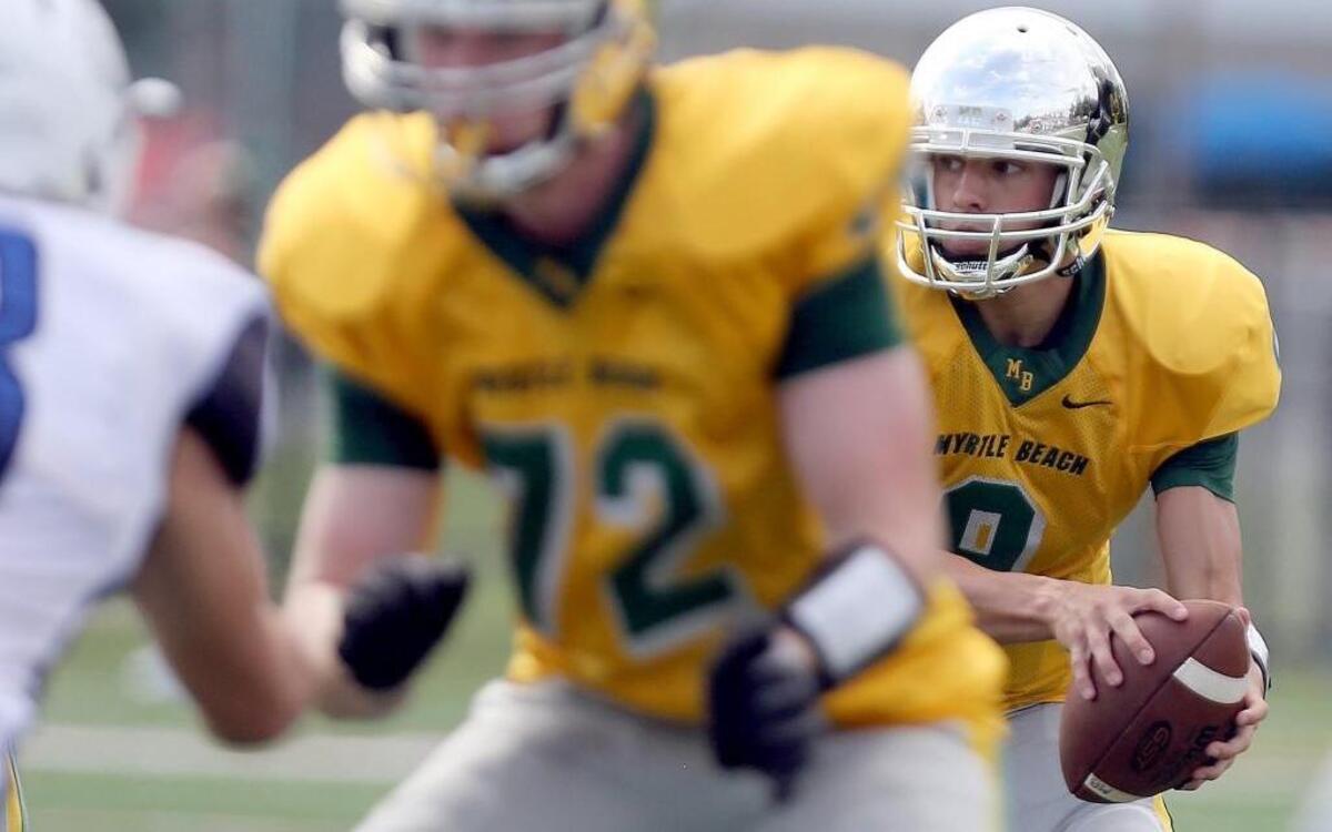 Myrtle Beach quarterback Luke Doty looks downfield for an open receiver during Friday’s game against Charlotte (N.C.) Christian.