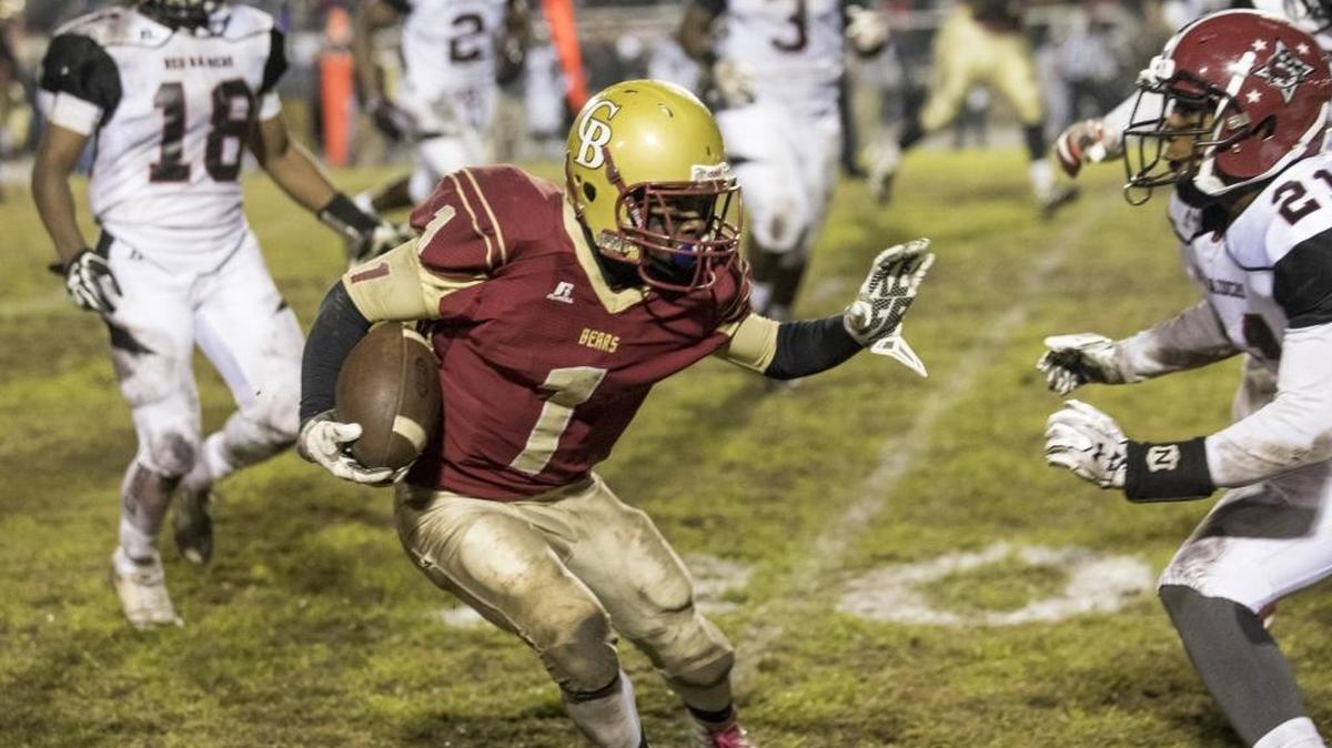 Carvers Bay running back Tyrik Reed is surrounded by Bamberg-Ehrhardt defenders. Bamberg-Ehrhardt shut down Carvers Bay on Friday night in the third round of football playoffs with a final score of 15-0 Friday, Nov. 17, 2017.