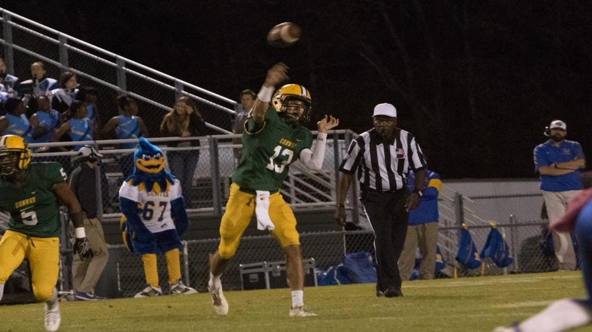 Conway’s Peyton Derrick makes a throw against Sumter on Friday night.