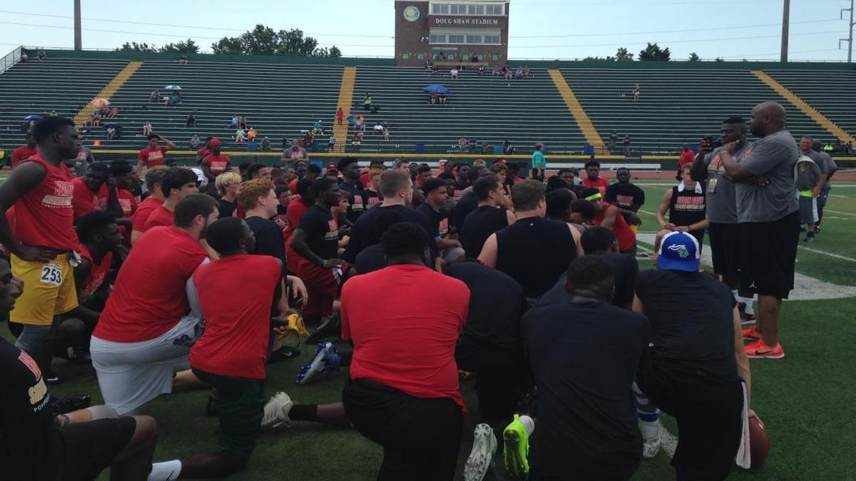 Nearly 150 football prospects participated in Wednesday’s Beach Bash satellite camp at Doug Shaw Stadium.