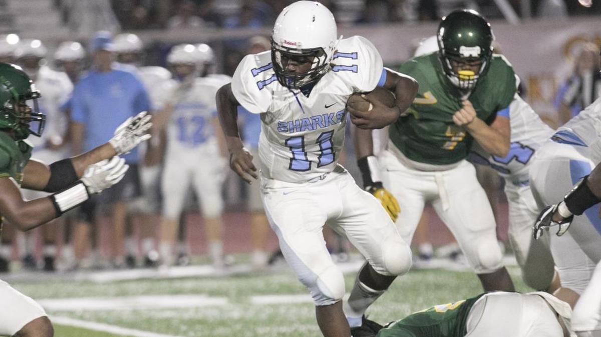 St. James’ Malachi Butler runs against Myrtle Beach at the 2018 Kickoff Classic. Aug., 10 2018. The Sharks played Monday against West Florence and hope to play again Friday at Carolina Forest.