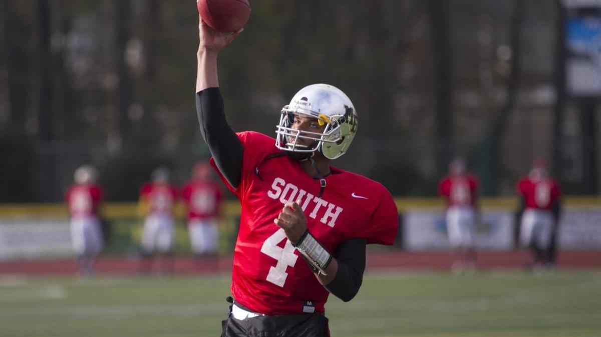 Myrtle Beach's Drayton Arnold tosses a pass during Tuesday’s practice session for this weekend’s North-South game.
