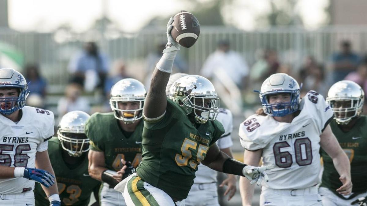 Myrtle Beach defensive lineman Naseem Dewitt comes up with a fumble early on in Saturday’s game against Byrnes.