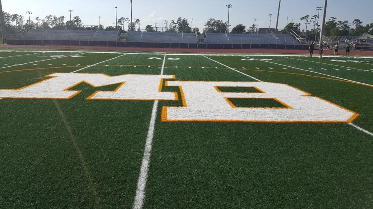The familiar Myrtle Beach High logo adorns the 50-yard line at Doug Shaw Memorial Stadium after a new FieldTurf playing surface was installed at the facility.