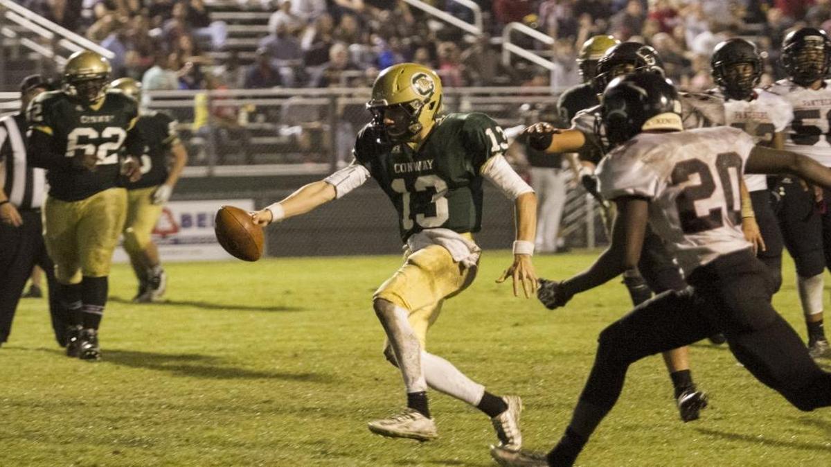 Conway quarterback Peyton Derrick is one of several area gridiron talents returning for the 2016 football campaign. Spring football practice began around the state on Monday, with some local programs taking part.