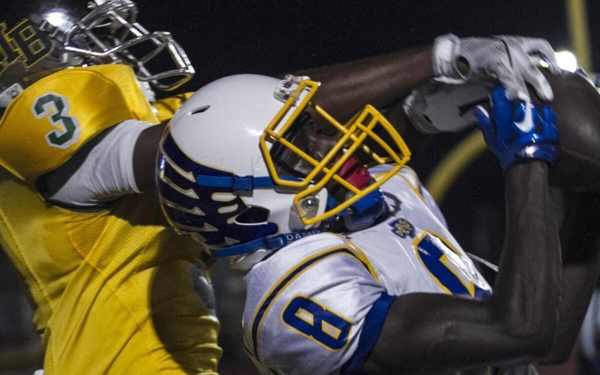 North Myrtle Beach defensive back Dondre Thompson brings in an interception earlier this season against Myrtle Beach. Thompson leads all players in the area with three picks.