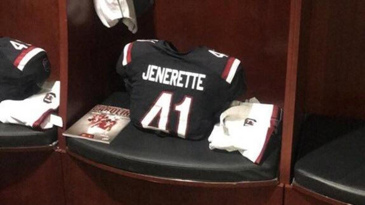Caleb Jenerette’s jersey is draped over shoulder pads prior to South Carolina’s game with Vanderbilt earlier this fall.