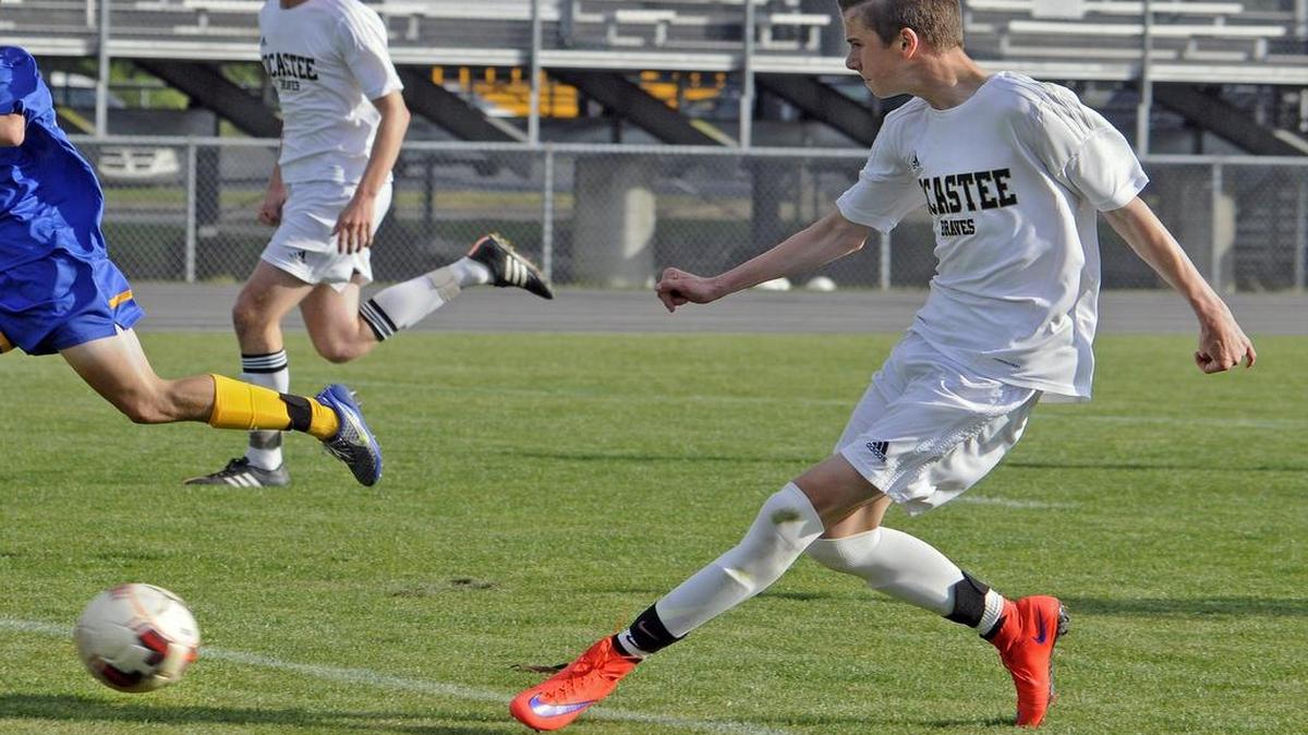 
Socastee freshman forward Chris Matlashewski scores the first goal for Socastee during the Braves’ 2-1 win over Lexington on Tuesday.
