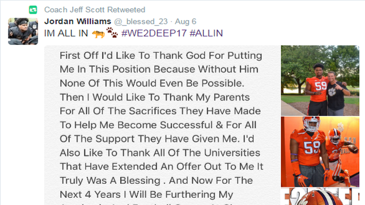 After the NCAA relaxed its stance on how college sports programs could use social media, a bevy of teams and coaches went to work retweeting, liking and sharing posts on different platforms. Here, Clemson assistant coach Jeff Scott retweets the account of top recruit Jordan Williams, who committed to the Tigers earlier this month.
